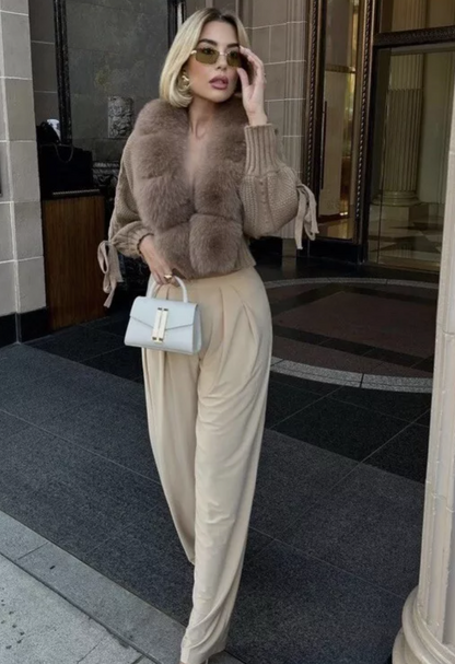 Italia Couture Viral faux fox fur cardigan cropped cashmere wool jumper boutique sweater - İtalia Couture 