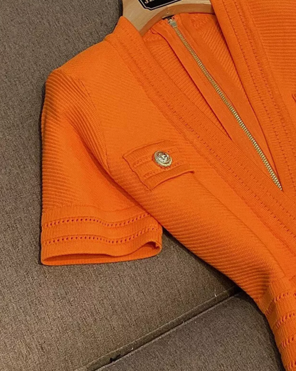 Italia Couture Knit Bandage Bodycon Orange Mini Dress With Gold Buttons Elegant Outfit - İtalia Couture 