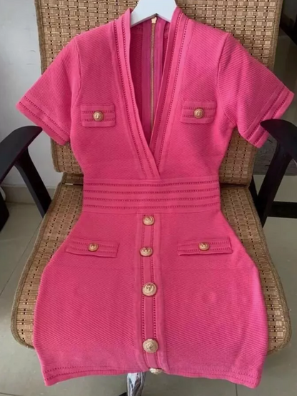 Italia Couture Knit Bandage Bodycon Pink Mini Dress With Gold Buttons - İtalia Couture 