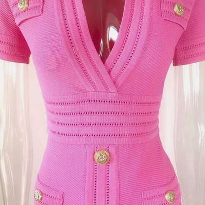 Italia Couture Knit Bandage Bodycon Pink Mini Dress With Gold Buttons - İtalia Couture 