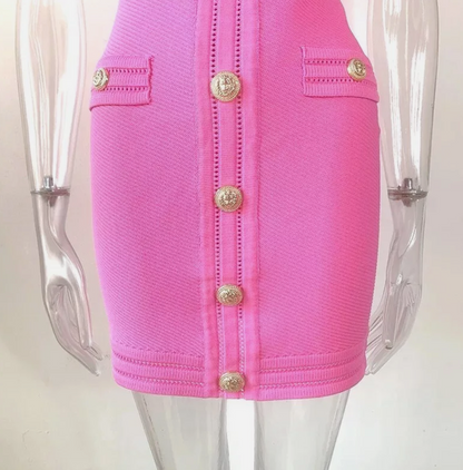 Italia Couture Knit Bandage Bodycon Pink Mini Dress With Gold Buttons - İtalia Couture 