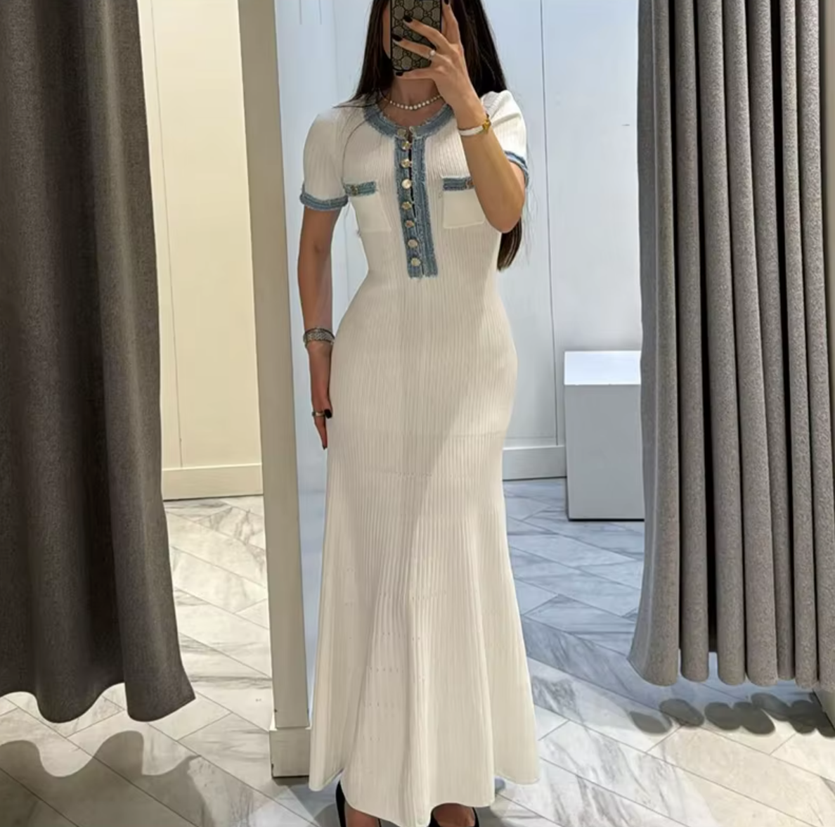Italia Couture Women Elegant Metal Buttons Spliced Knit Maxi Dress Chic O-neck Short Sleeve A-line Vestidos 2024 Summer Lady Party Fashion Robe - İtalia Couture 