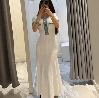 Italia Couture Women Elegant Metal Buttons Spliced Knit Maxi Dress Chic O-neck Short Sleeve A-line Vestidos 2024 Summer Lady Party Fashion Robe - İtalia Couture 