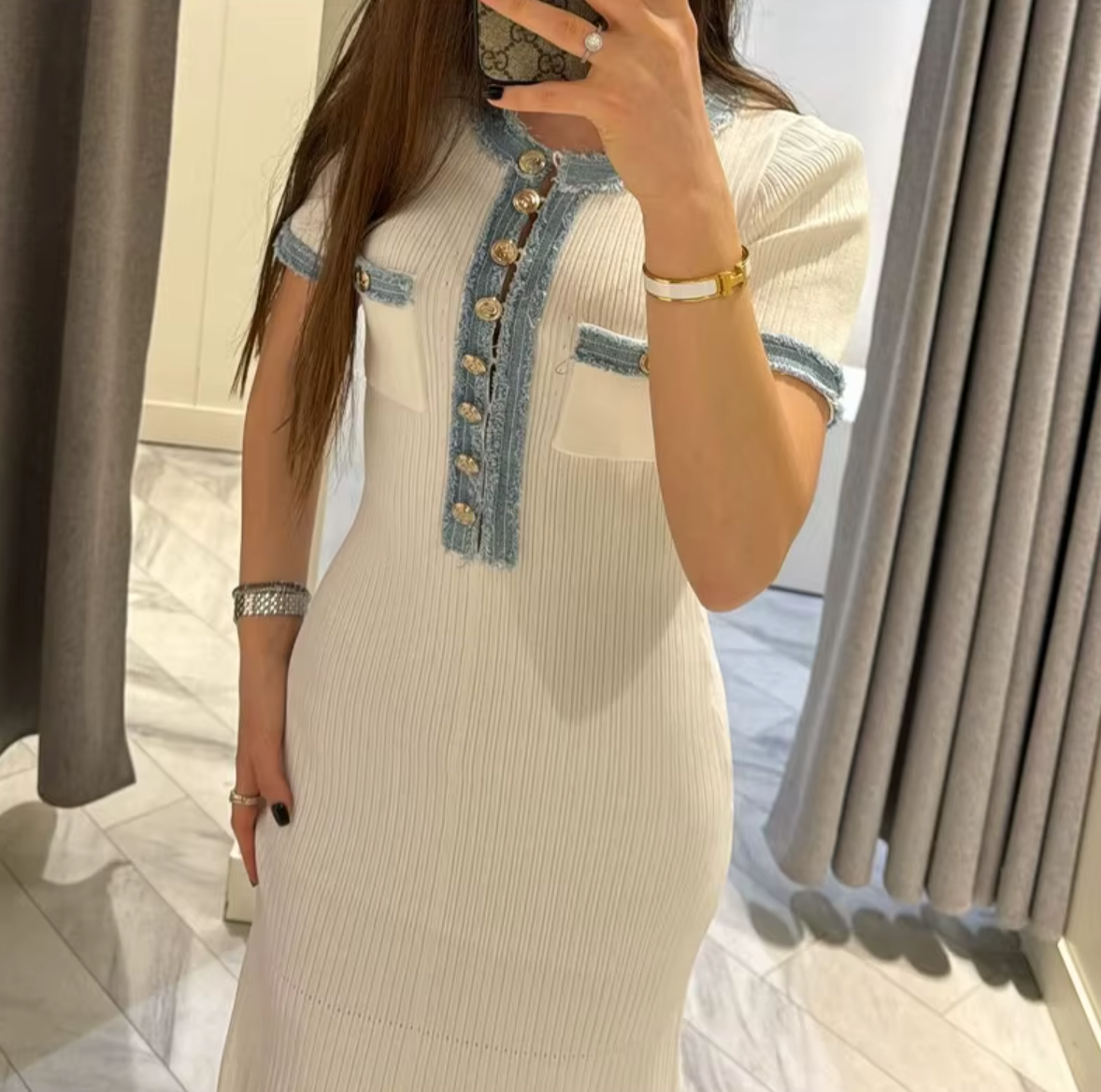 Italia Couture Women Elegant Metal Buttons Spliced Knit Maxi Dress Chic O-neck Short Sleeve A-line Vestidos 2024 Summer Lady Party Fashion Robe - İtalia Couture 