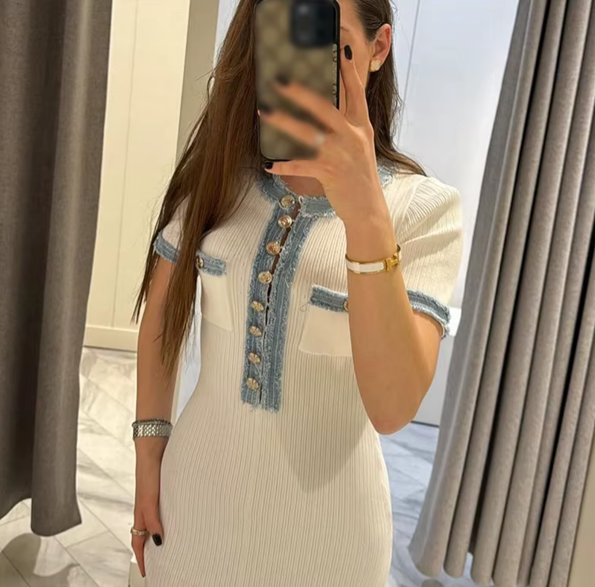 Italia Couture Women Elegant Metal Buttons Spliced Knit Maxi Dress Chic O-neck Short Sleeve A-line Vestidos 2024 Summer Lady Party Fashion Robe - İtalia Couture 
