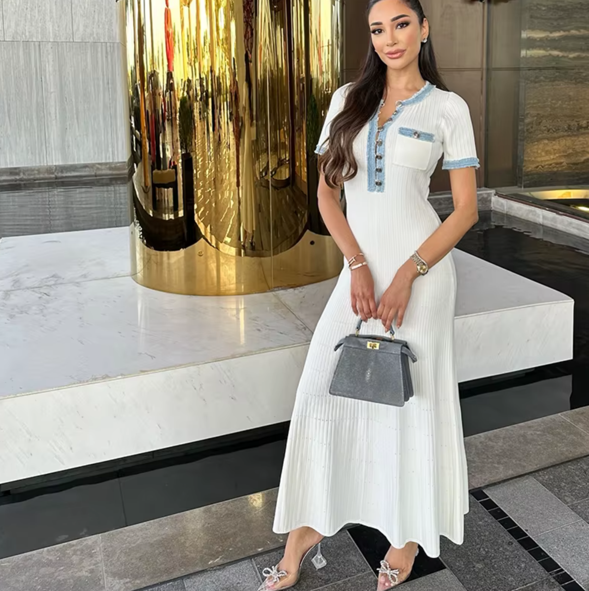 Italia Couture Women Elegant Metal Buttons Spliced Knit Maxi Dress Chic O-neck Short Sleeve A-line Vestidos 2024 Summer Lady Party Fashion Robe - İtalia Couture 