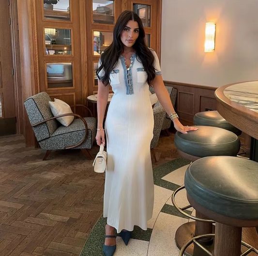 Italia Couture Women Elegant Metal Buttons Spliced Knit Maxi Dress Chic O-neck Short Sleeve A-line Vestidos 2024 Summer Lady Party Fashion Robe - İtalia Couture 