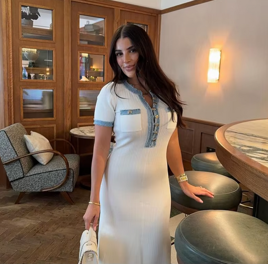 Italia Couture Women Elegant Metal Buttons Spliced Knit Maxi Dress Chic O-neck Short Sleeve A-line Vestidos 2024 Summer Lady Party Fashion Robe - İtalia Couture 