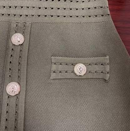 Italia Couture Knit Bandage Bodycon Army Green Mini Dress With Gold Buttons - İtalia Couture 