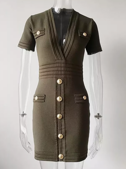 Italia Couture Knit Bandage Bodycon Army Green Mini Dress With Gold Buttons - İtalia Couture 