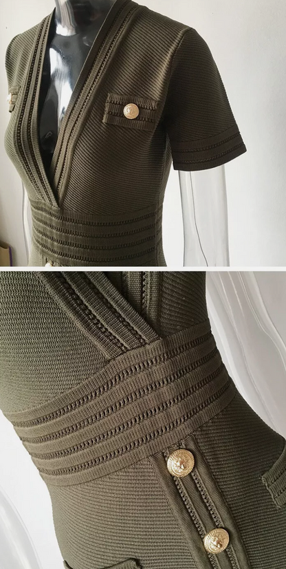 Italia Couture Knit Bandage Bodycon Army Green Mini Dress With Gold Buttons - İtalia Couture 