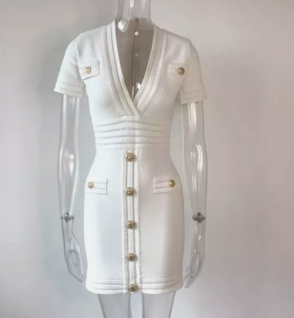 Italia Couture Knit Bandage Bodycon White Mini Dress With Gold Buttons - İtalia Couture 