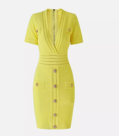Italia Couture Knit Bandage Bodycon Yellow Mini Dress With Gold Buttons - İtalia Couture 