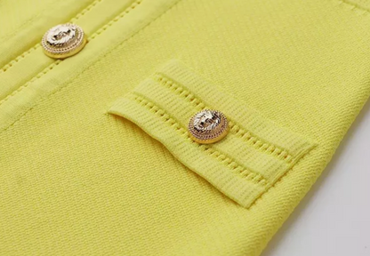 Italia Couture Knit Bandage Bodycon Yellow Mini Dress With Gold Buttons - İtalia Couture 