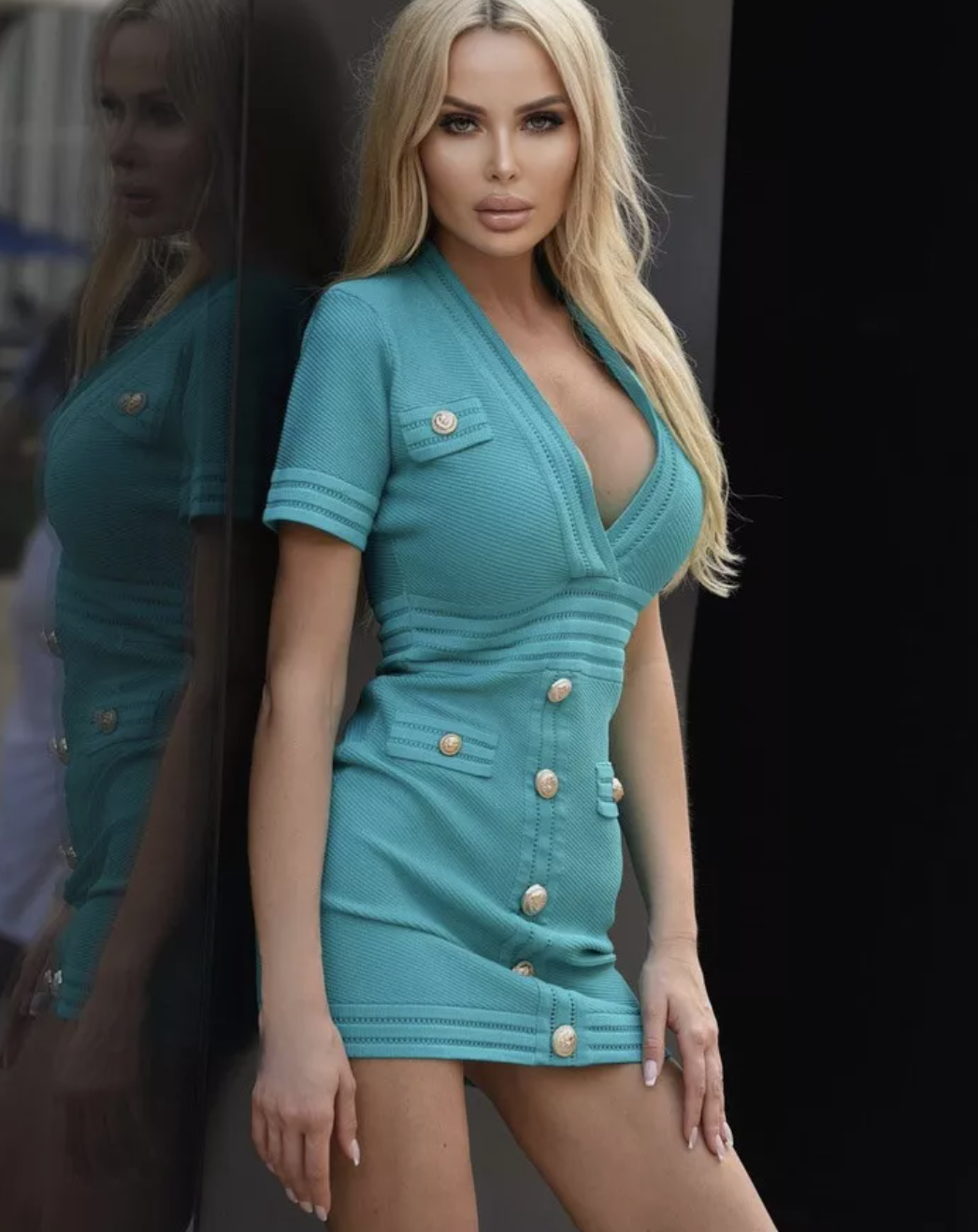 Italia Couture Knit Bandage Bodycon Blue Mini Dress With Gold Buttons Elegant Outfit - İtalia Couture 