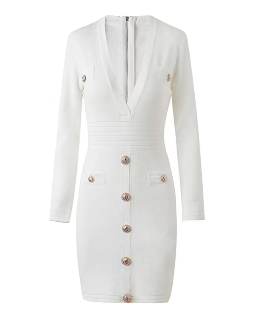 Italia Couture Knit Bodycon White Mini Dress With Gold Buttons - İtalia Couture 