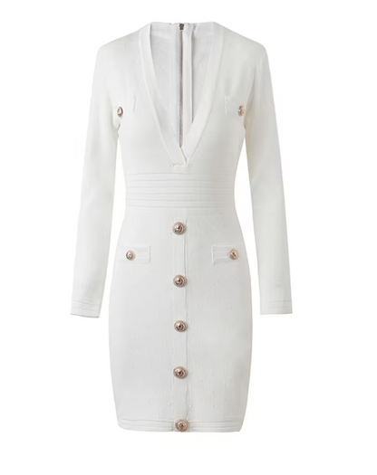 Italia Couture Knit Bodycon White Mini Dress With Gold Buttons - İtalia Couture 