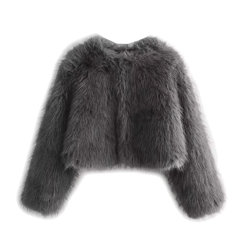 Grey O-Neck Fluffy Faux Fur Coat 