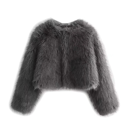 Grey O-Neck Fluffy Faux Fur Coat 