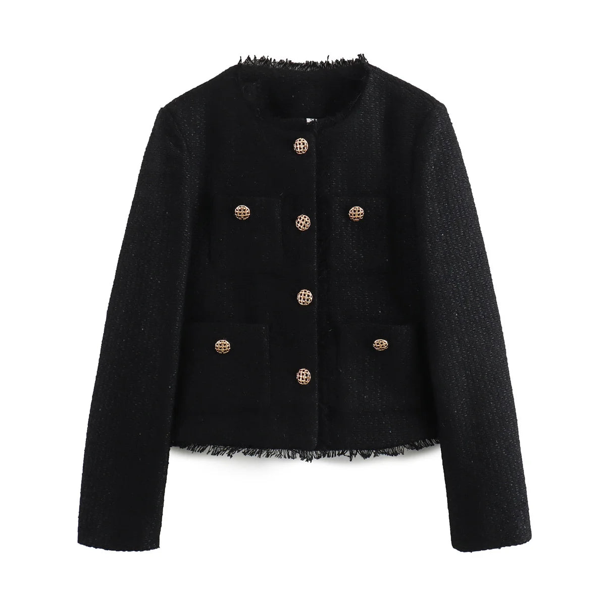 Women’s Tweed Woolen Jacket – Long Sleeve Button-Up