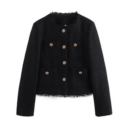 Women’s Tweed Woolen Jacket – Long Sleeve Button-Up