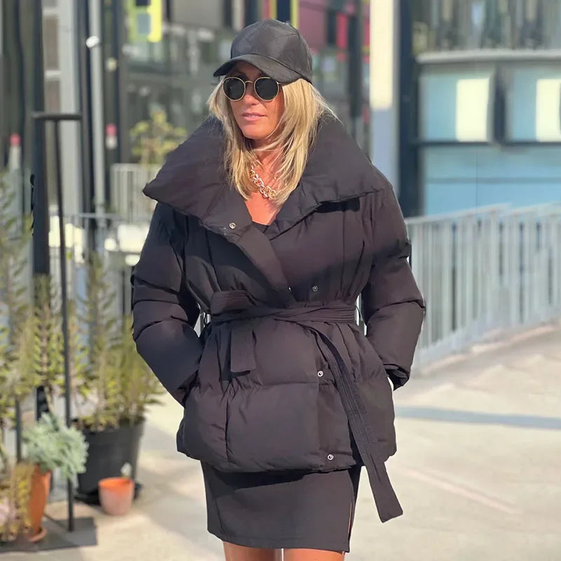 Thick Padded Parka Jacket - Tie Waist Coat with Collar