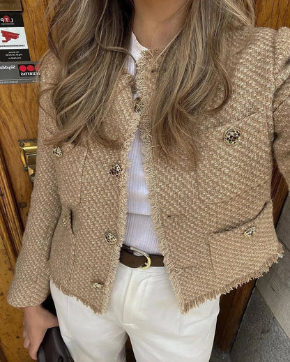 Women’s Tweed Woolen Jacket – Long Sleeve Button-Up