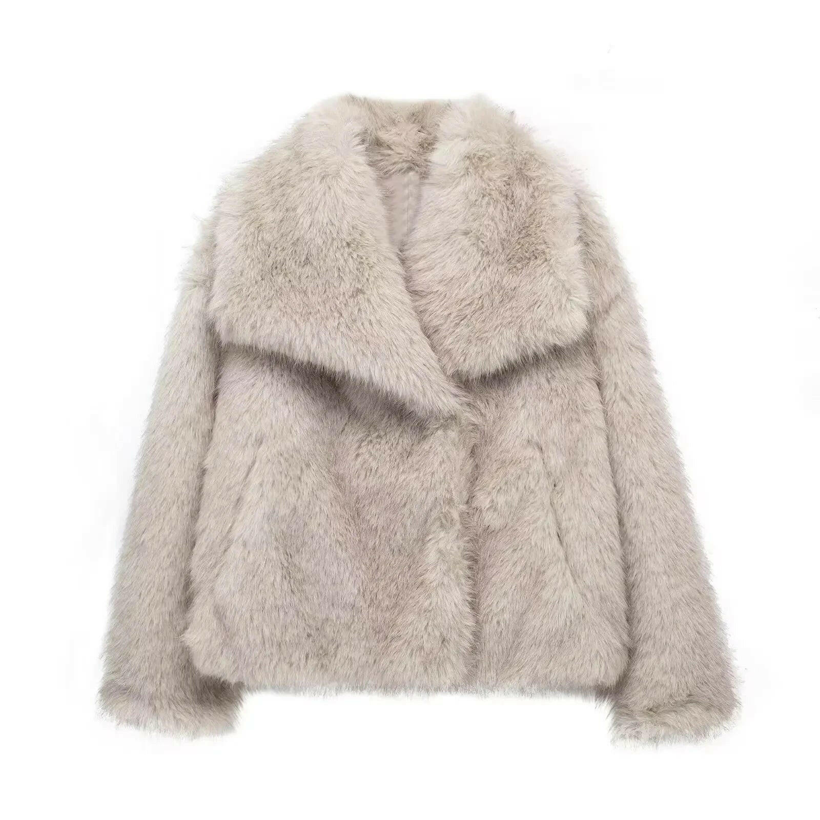 Front of Stone Grey Faux Fur Oversized Jacket Coat Seen On influencers Collar Coat