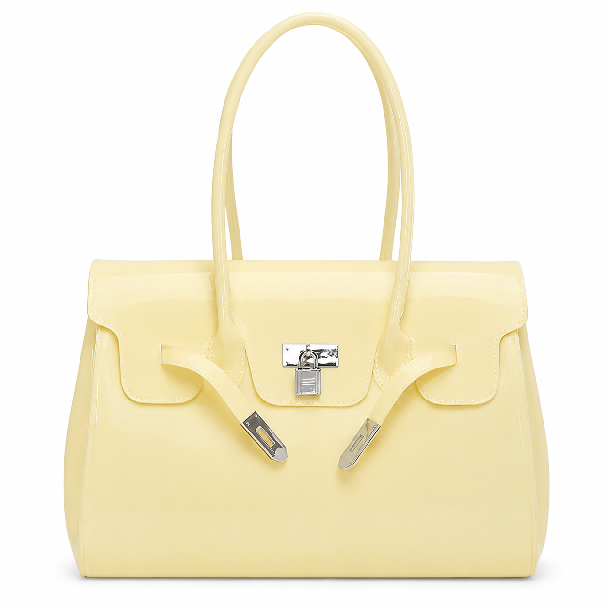 Yellow Jelly Firkin Bag with a silver clasp on a white background
