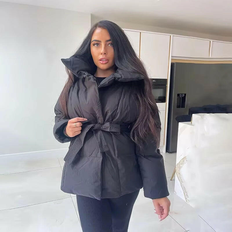 Thick Padded Parka Jacket - Tie Waist Coat with Collar