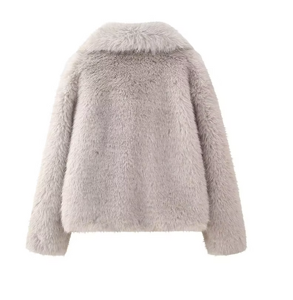 Back Image of Stone Grey Faux Fur Oversized Jacket Coat Seen On influencers Collar coat