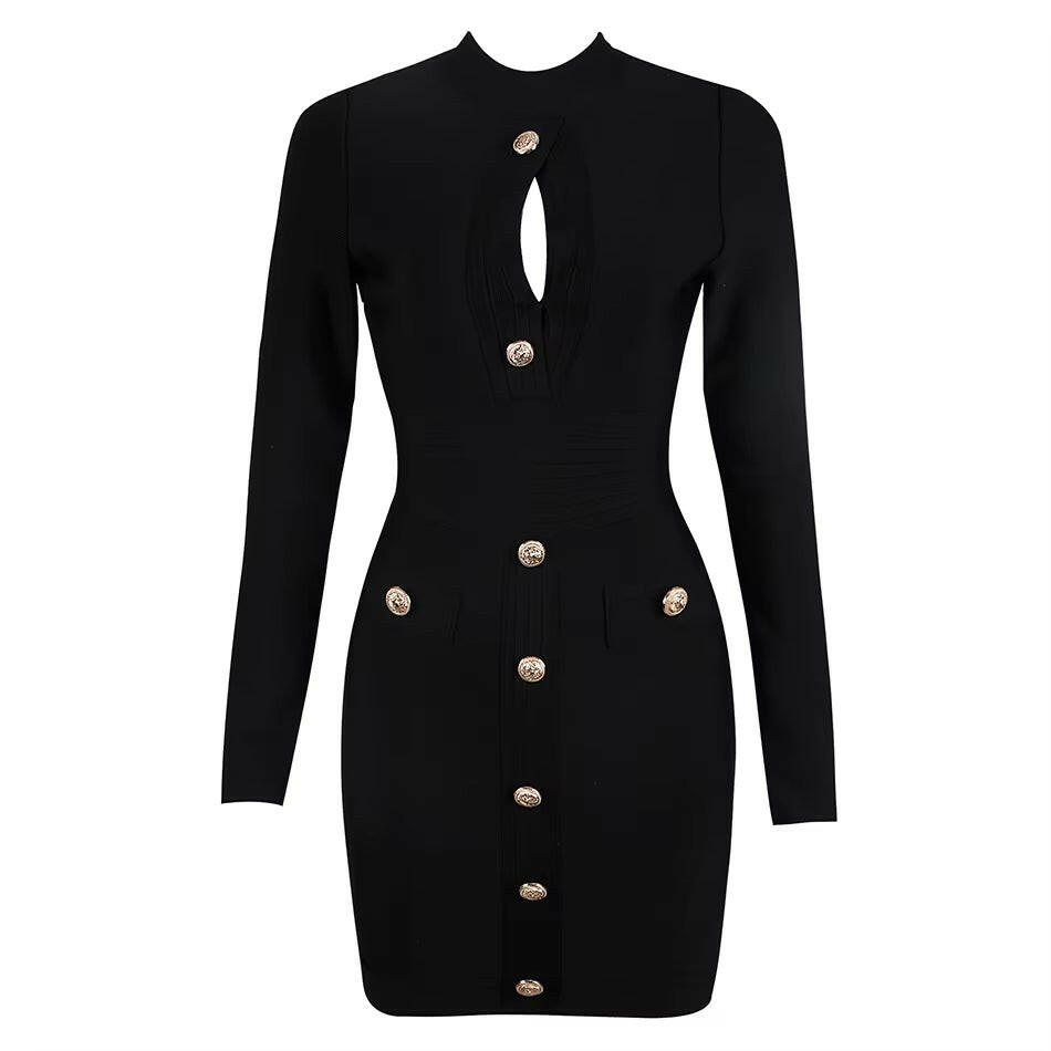 V-Neck Bandage Bodycon Dress - Sexy Long Sleeve Buttoned 