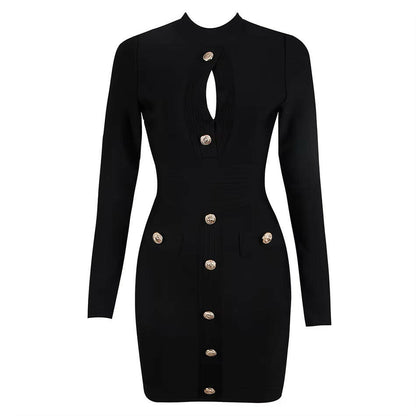 V-Neck Bandage Bodycon Dress - Sexy Long Sleeve Buttoned 