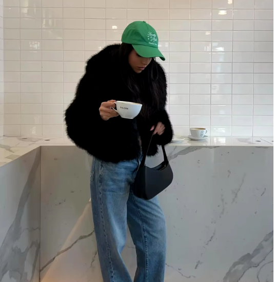 Model wearing Black Faux Fur Oversized Jacket Coat as Seen On influencers Collar coat