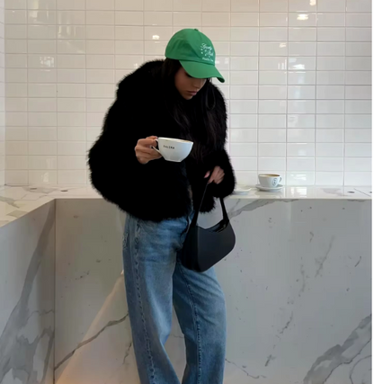 Model wearing Black Faux Fur Oversized Jacket Coat as Seen On influencers Collar coat