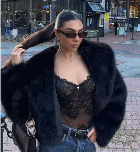 Model wearing the Black Faux Fur Oversized Jacket Coat as Seen On influencers Collar coat 3