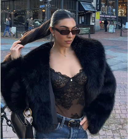 Model wearing the Black Faux Fur Oversized Jacket Coat as Seen On influencers Collar coat 3