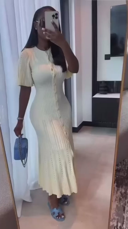Fitted Knit Butterfly Button Maxi Dress