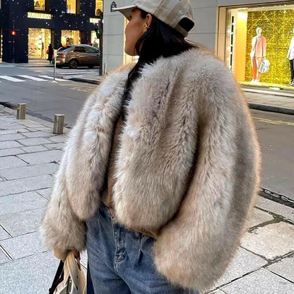 Side angle of Luxury Thick Fluffy Faux Fur Coat Women Autumn Winter Loose Long Sleeve Warm Jacket Female Elegant Lady Chic Street Outerwear