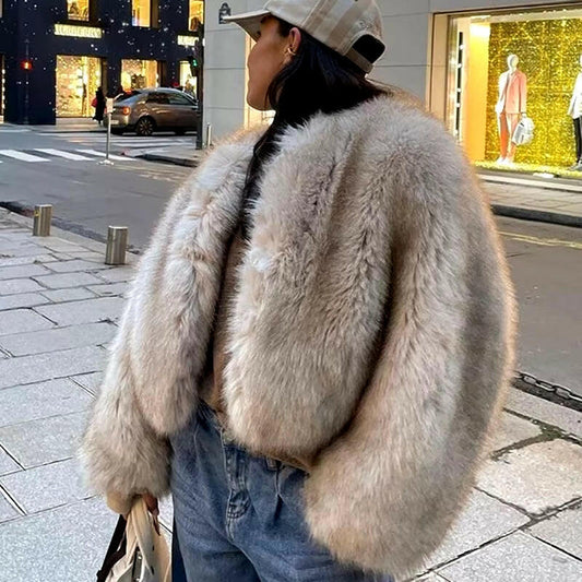 Side angle of Luxury Thick Fluffy Faux Fur Coat Women Autumn Winter Loose Long Sleeve Warm Jacket Female Elegant Lady Chic Street Outerwear