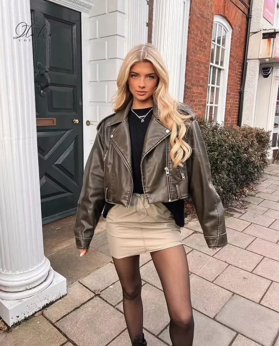 Cropped Faux PU Leather Biker Jacket
