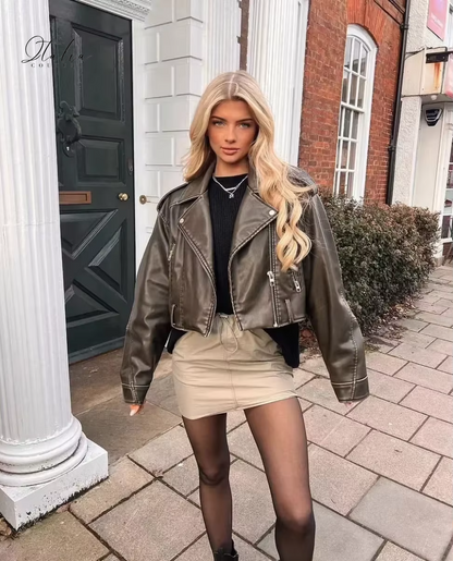 Cropped Faux PU Leather Biker Jacket