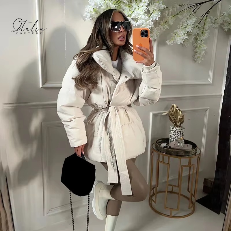 Thick Padded Parka Jacket - Tie Waist Coat with Collar