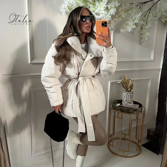 Thick Padded Parka Jacket - Tie Waist Coat with Collar